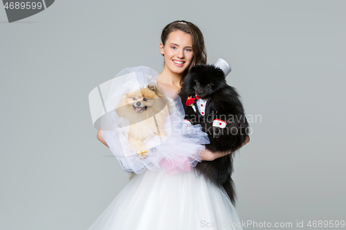 Image of bride girl with Spitz dog wedding couple