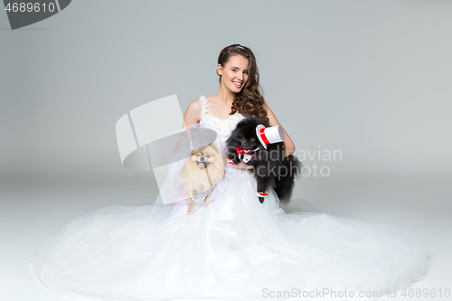 Image of bride girl with Spitz dog wedding couple