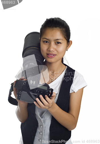 Image of asian woman with cam and tele
