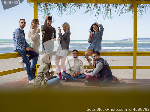 Image of Group of friends having fun on autumn day at beach