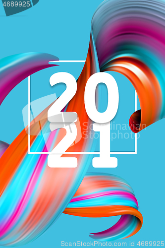 Image of Happy New 2021 Year. Holiday wavy fluid multicolored lines and lettering on blue background, vertical flyer