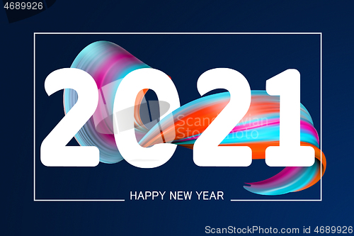 Image of Happy New 2021 Year. Holiday wavy fluid multicolored lines and lettering on blue background, horizontal flyer