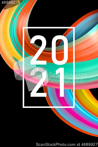 Image of Happy New 2021 Year. Holiday wavy fluid multicolored lines and lettering on black background, vertical flyer