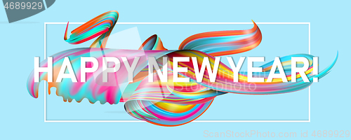 Image of Happy New 2021 Year. Holiday wavy fluid multicolored lines and lettering on blue background, horizontal flyer