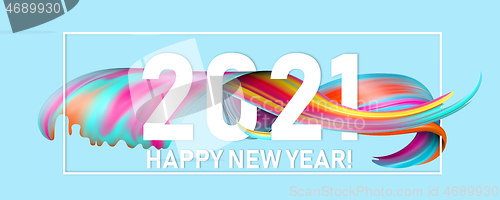 Image of Happy New 2021 Year. Holiday wavy fluid multicolored lines and lettering on blue background, horizontal flyer