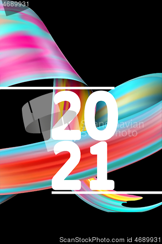 Image of Happy New 2021 Year. Holiday wavy fluid multicolored lines and lettering on black background, vertical flyer