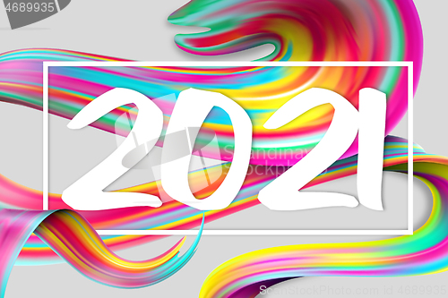 Image of Happy New 2021 Year. Holiday wavy fluid multicolored lines and lettering on white background, horizontal flyer