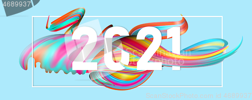 Image of Happy New 2021 Year. Holiday wavy fluid multicolored lines and lettering on blue background, horizontal flyer