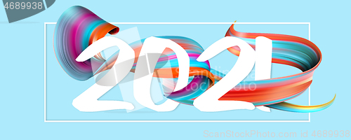 Image of Happy New 2021 Year. Holiday wavy fluid multicolored lines and lettering on blue background, horizontal flyer