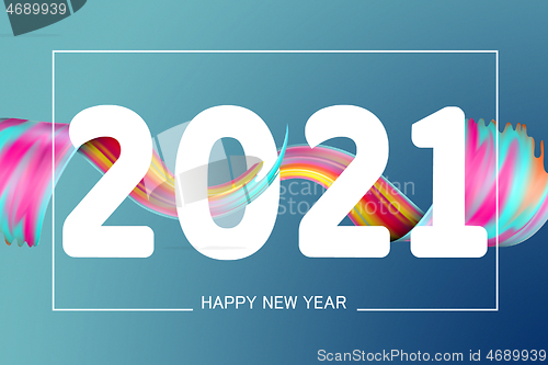 Image of Happy New 2021 Year. Holiday wavy fluid multicolored lines and lettering on blue background, horizontal flyer