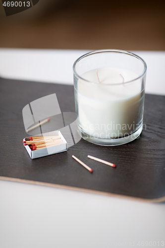 Image of fragrance candle and matches on tray on table