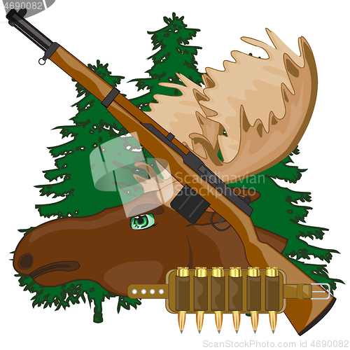Image of Head moose with horn and weapon on background wood