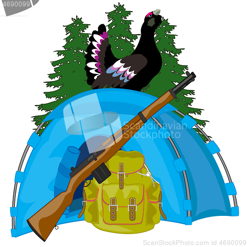 Image of Equipment of the huntsman tent,rucksack and weapon