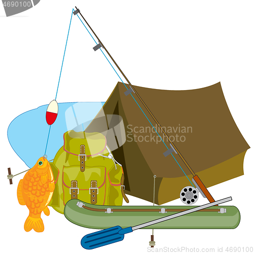 Image of Subjects for fishing fishing rod and tent with rucksack