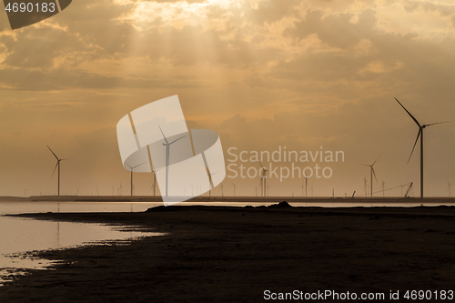 Image of Group of wind turbines on the coastline.