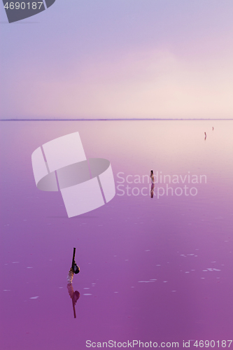 Image of Quiet scene of pink water of salt lake.
