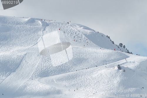 Image of Skiing slopes, snowy Alpine landscape