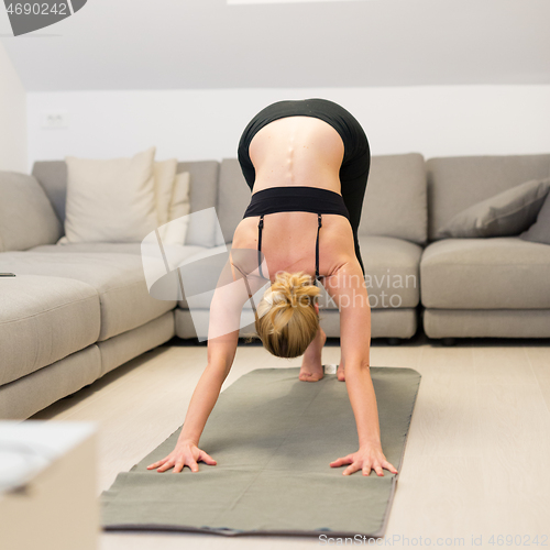 Image of Beautiful blonde woman doing home workout indoors. Woman practice yoga at home. Fit girl using workout tutorials for healthy active lifestyle. Woman using quarantine for home workouts.