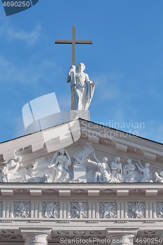 Image of Vilnius cathedral detail against blue sky