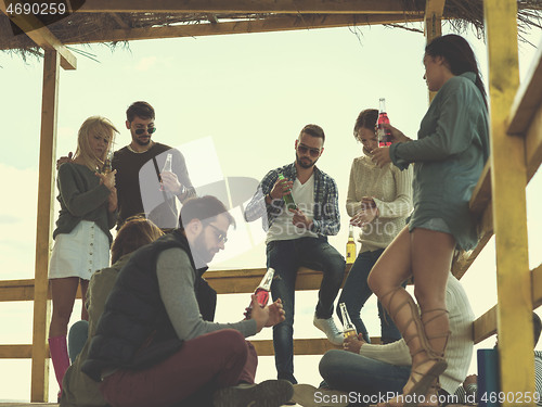 Image of Group of friends having fun on autumn day at beach