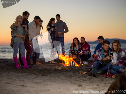 Image of Couple enjoying bonfire with friends on beach