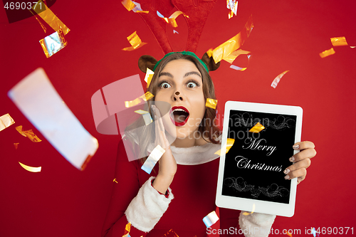 Image of Greeting flyer for ad. Concept of Christmas, 2021 New Year\'s, winter mood, holidays. Copyspace, postcard.