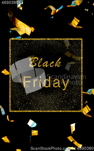 Image of Flyer with golden confetti inviting for shopping in black friday, sales concept. Vertical flyer, black background