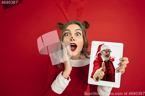 Image of Greeting flyer for ad. Concept of Christmas, 2021 New Year\'s, winter mood, holidays. Copyspace, postcard.