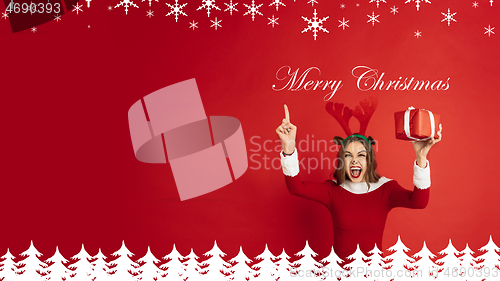 Image of Greeting flyer for ad. Concept of Christmas, 2021 New Year\'s, winter mood, holidays. Copyspace, postcard.