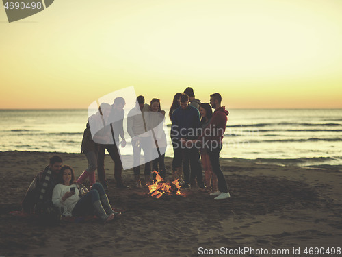 Image of Couple enjoying bonfire with friends on beach