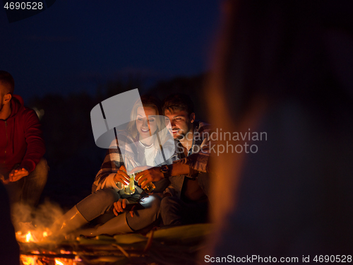 Image of Couple enjoying with friends at night on the beach