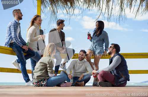 Image of Group of friends having fun on autumn day at beach