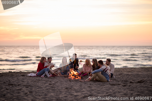 Image of Group Of Young Friends Sitting By The Fire at beach