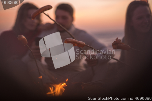 Image of Group Of Young Friends Sitting By The Fire at beach