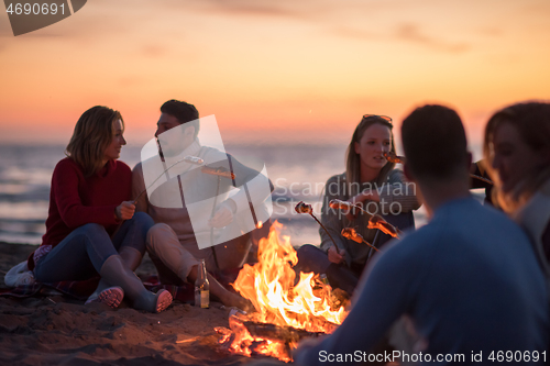 Image of Group Of Young Friends Sitting By The Fire at beach