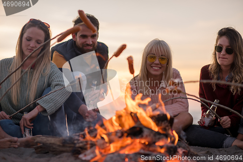 Image of Group Of Young Friends Sitting By The Fire at beach