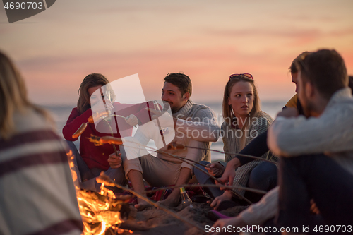 Image of Group Of Young Friends Sitting By The Fire at beach