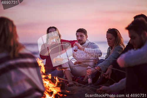 Image of Group Of Young Friends Sitting By The Fire at beach