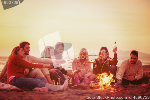 Image of Group Of Young Friends Sitting By The Fire at beach