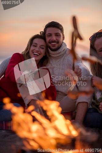 Image of Group Of Young Friends Sitting By The Fire at beach