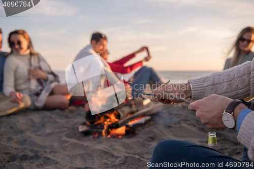 Image of Friends having fun at beach on autumn day