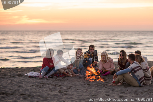 Image of Group Of Young Friends Sitting By The Fire at beach