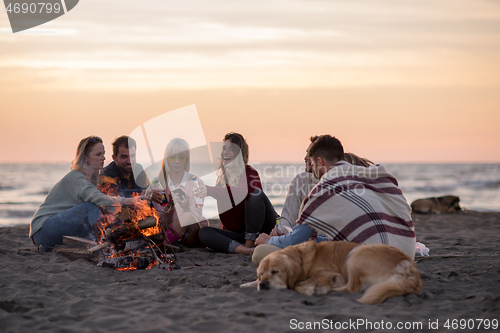 Image of Friends having fun at beach on autumn day