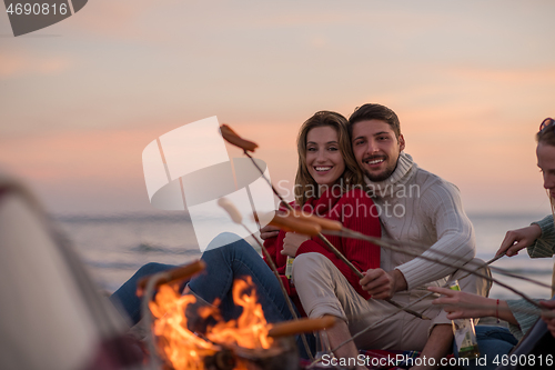 Image of Group Of Young Friends Sitting By The Fire at beach