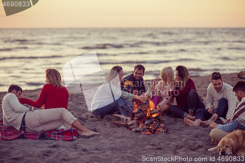 Image of Friends having fun at beach on autumn day