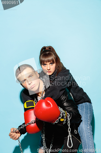 Image of Close up fashion portrait of two young pretty hipster teens