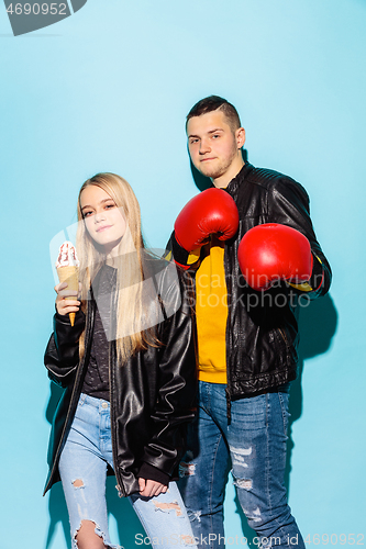 Image of Close up fashion portrait of two young pretty hipster teens