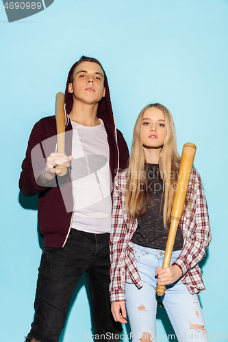 Image of Close up fashion portrait of two young pretty hipster teens