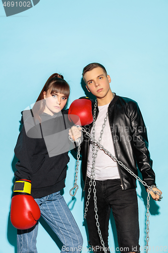 Image of Close up fashion portrait of two young pretty hipster teens
