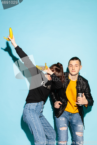 Image of Close up fashion portrait of two young pretty hipster teens